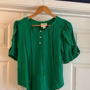 Anthropologie Maeve Green Blouse with Ruffle Sleeves